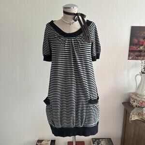 Navy and gray striped babydoll dress with pockets